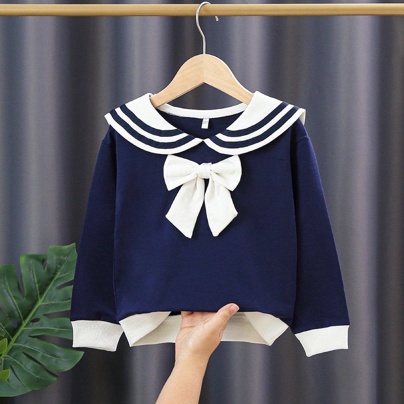 Girl Spring and summer pullover shirt Navy style clothing