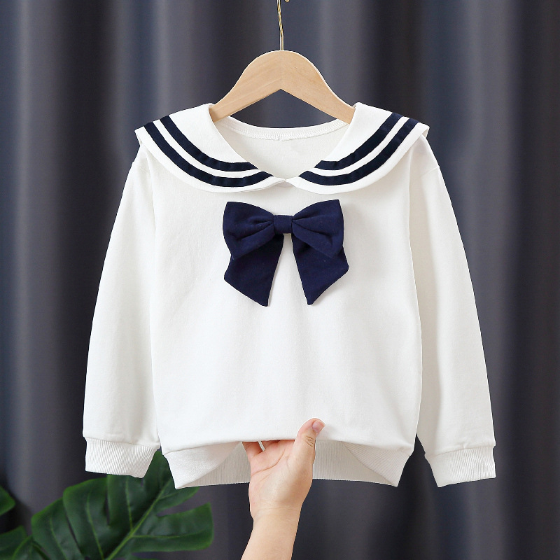 Girl Spring and summer pullover shirt Navy style clothing - Image 2