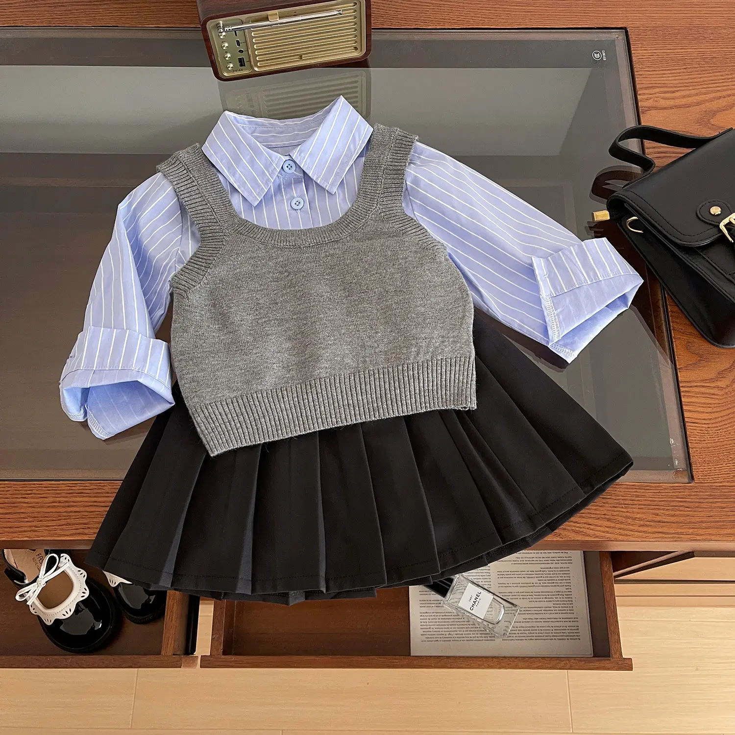 Knitted vest shirt skirt 3pcs outfit Children black ruffle dress Clothing Set