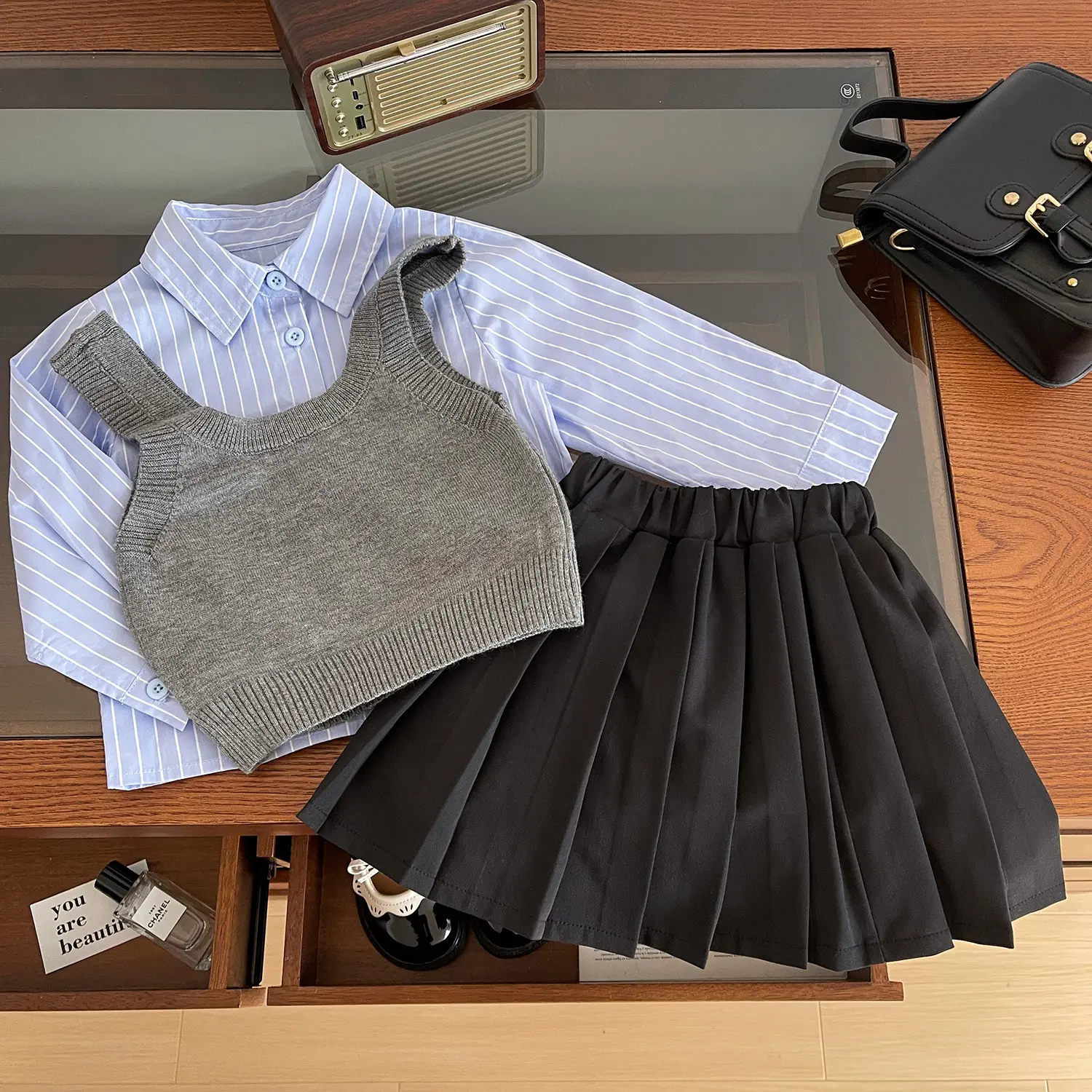 Knitted vest shirt skirt 3pcs outfit Children black ruffle dress Clothing Set - Image 3