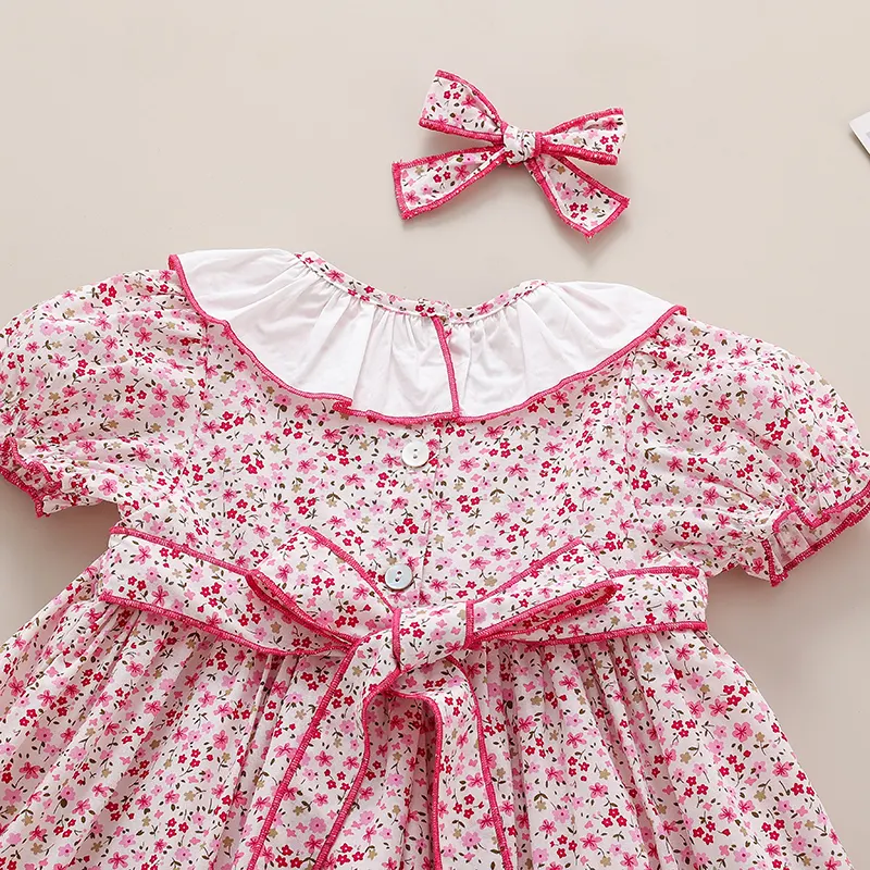 Handmade Smocking Pink Floral Cotton Liner Kids Dress - Image 3