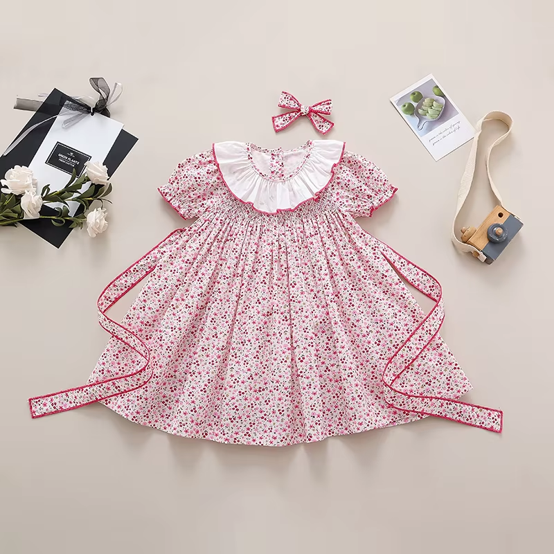 Handmade Smocking Pink Floral Cotton Liner Kids Dress - Image 2