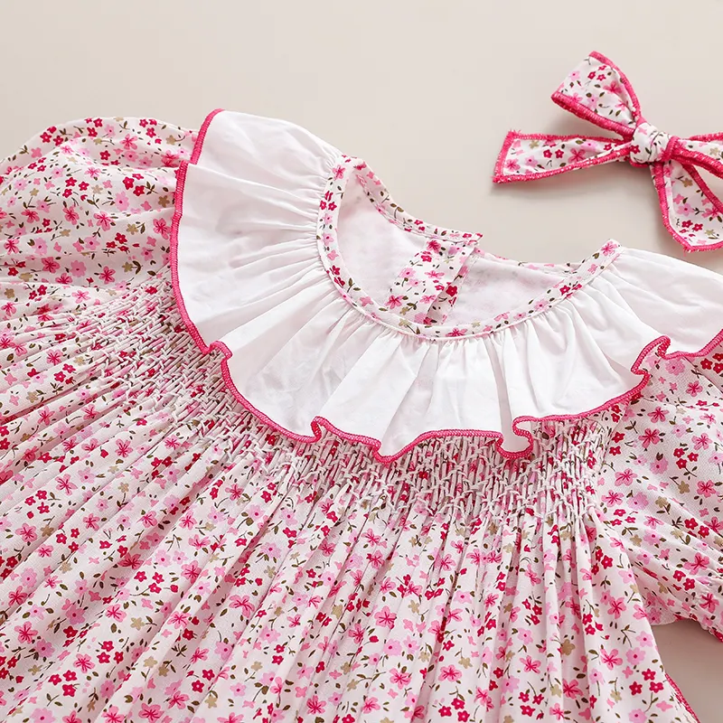 Handmade Smocking Pink Floral Cotton Liner Kids Dress - Image 4