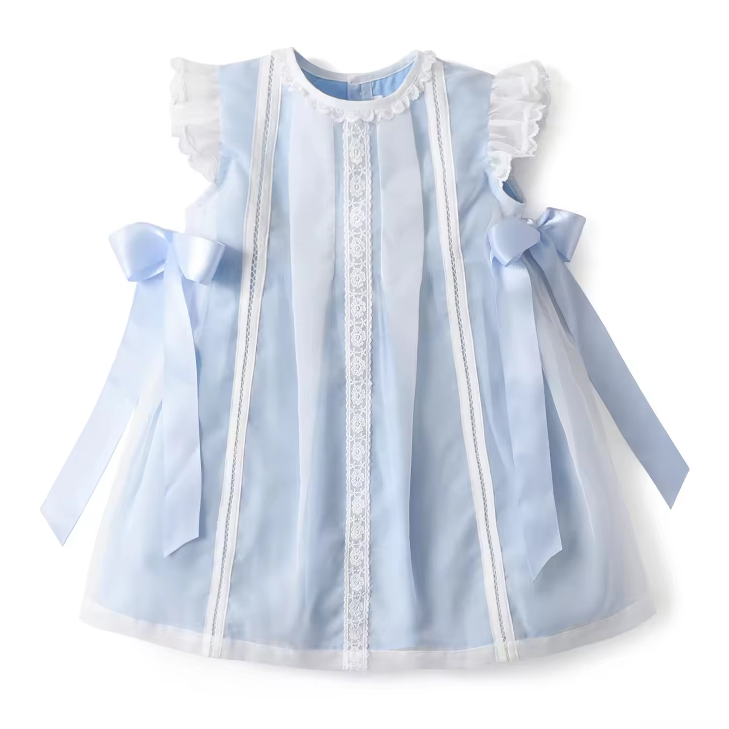 Pale Blue Tulle Dresses Girls Lace Trim Satin Bow Dress