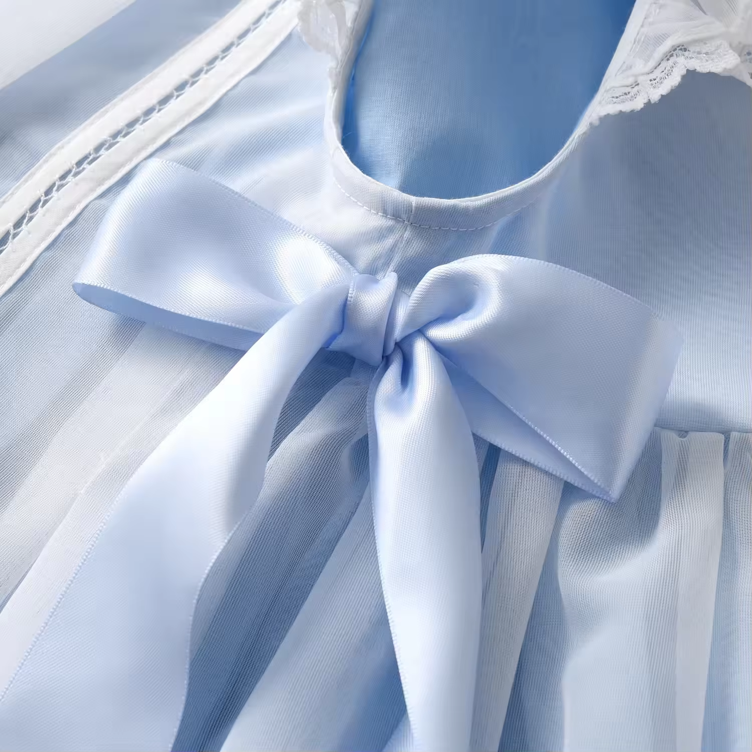 Pale Blue Tulle Dresses Girls Lace Trim Satin Bow Dress - Image 3