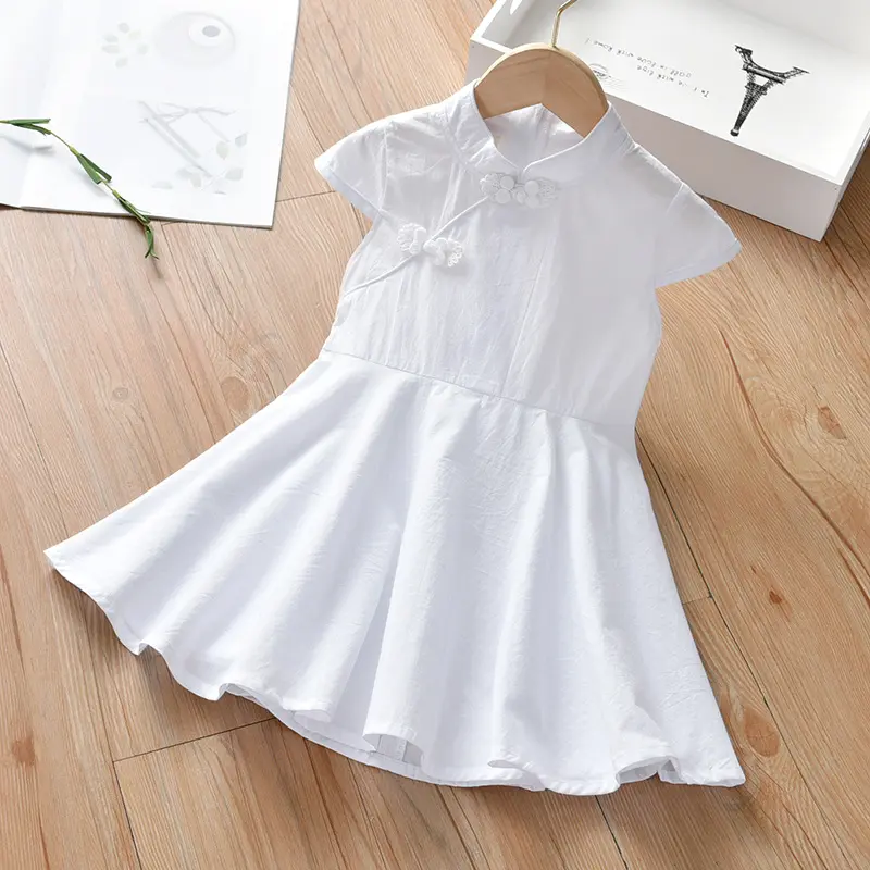 Chinese style buckle short sleeved ancient white dress children's dress big swing skirt - Image 2
