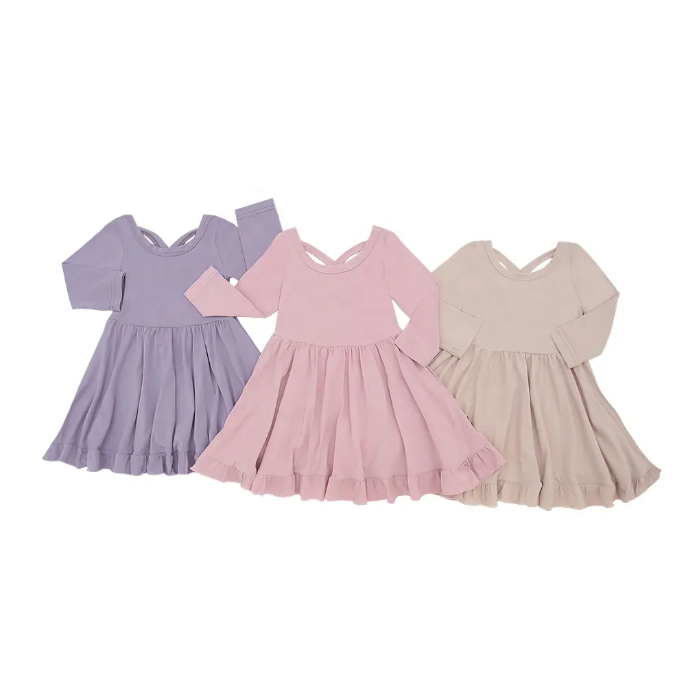 Kids Clothes with Ruffle Bow O-Neck Plain Color Girls Sleeveless Dress - Image 4