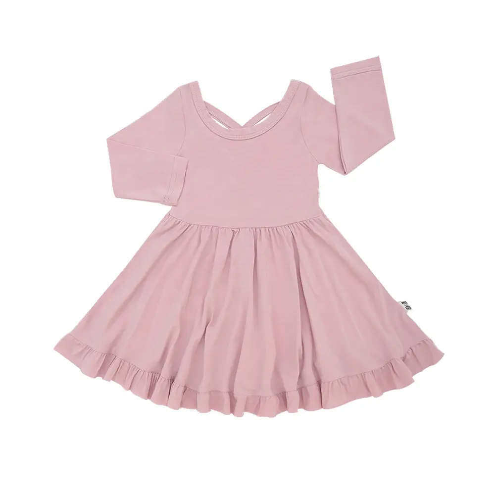 Kids Clothes with Ruffle Bow O-Neck Plain Color Girls Sleeveless Dress - Image 2