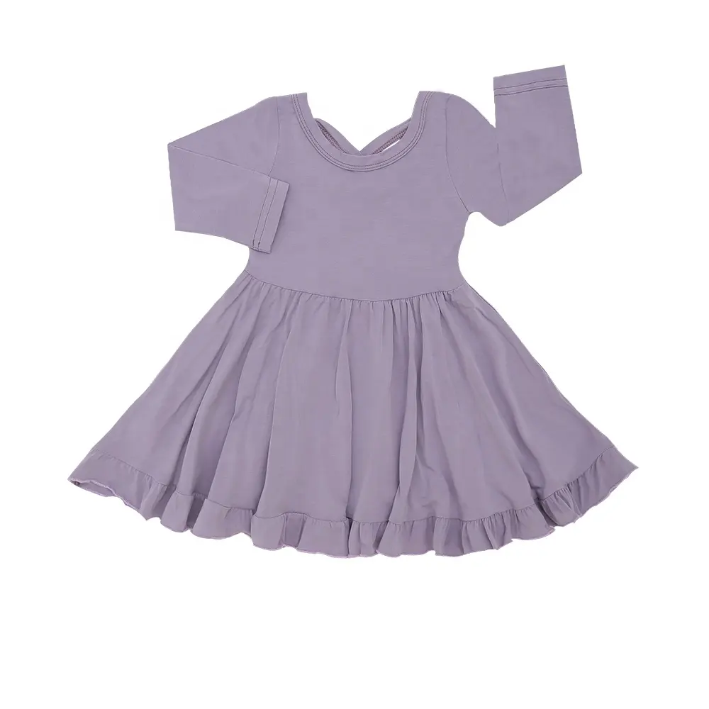 Kids Clothes with Ruffle Bow O-Neck Plain Color Girls Sleeveless Dress