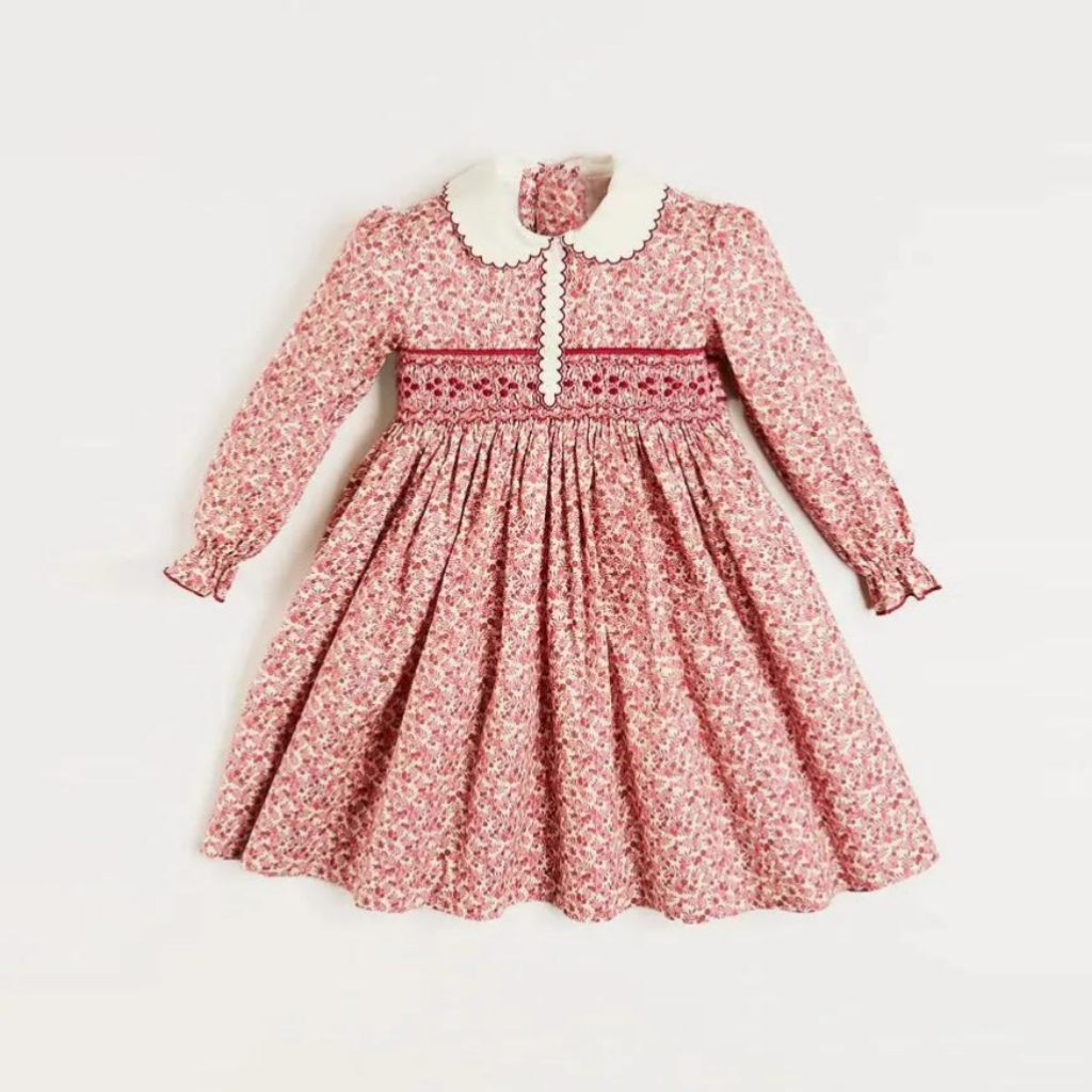Floral Pattern Hand Smocked Long Sleeve Kids Dress