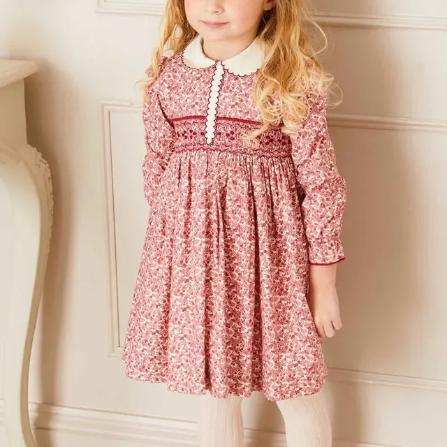 Floral Pattern Hand Smocked Long Sleeve Kids Dress - Image 3