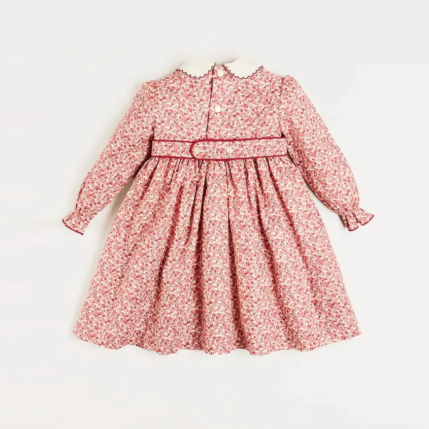 Floral Pattern Hand Smocked Long Sleeve Kids Dress - Image 2