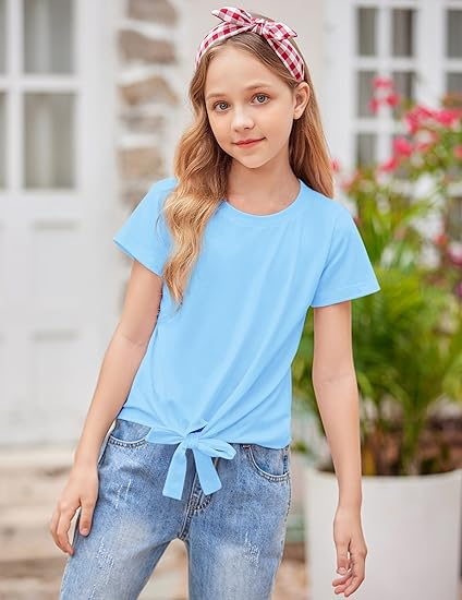 Girls Short Sleeve Shirts Tie Knot Front Tops T Shirts for Kids