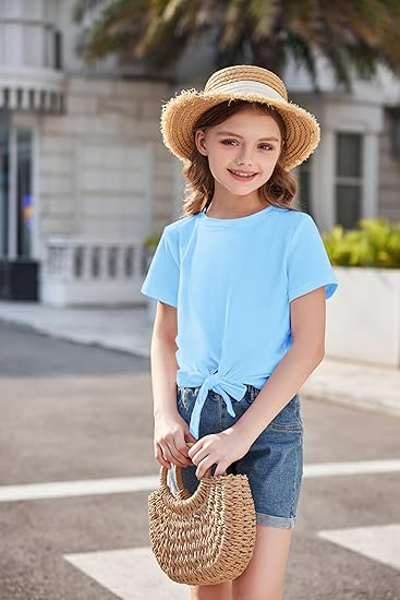 Girls Short Sleeve Shirts Tie Knot Front Tops T Shirts for Kids - Image 2